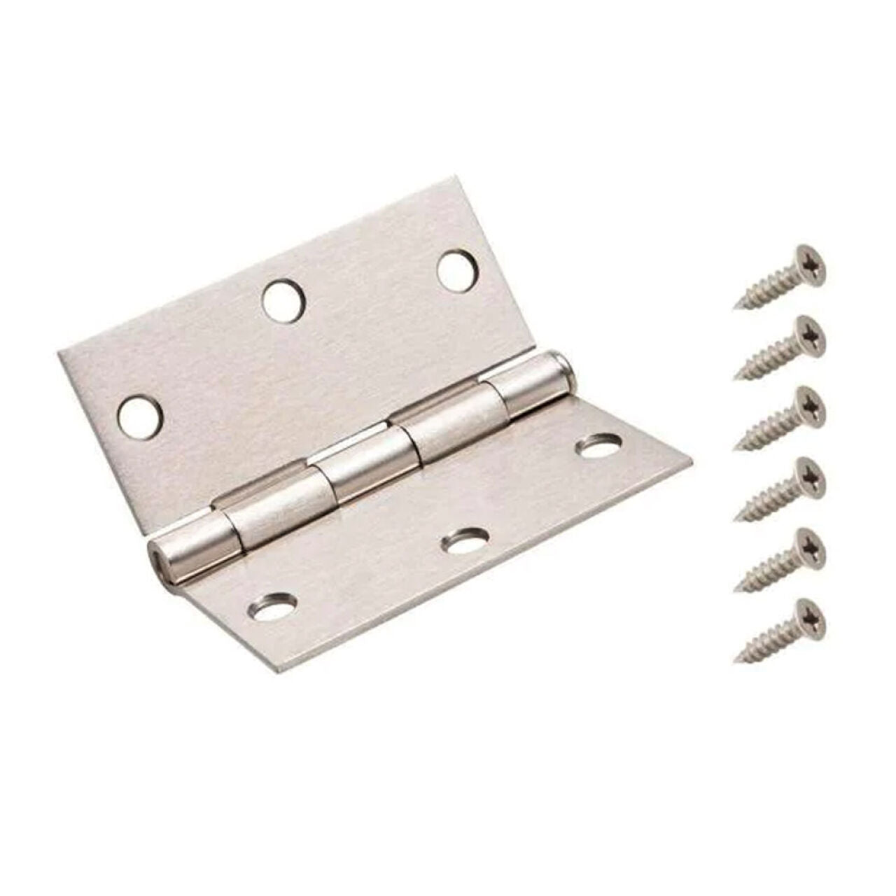 The Go Build 3-1/2 in. Square Corner Door Hinge in satin nickel features three circular holes per panel and five vertically aligned matching screws, making it ideal for interior doors or cabinets.